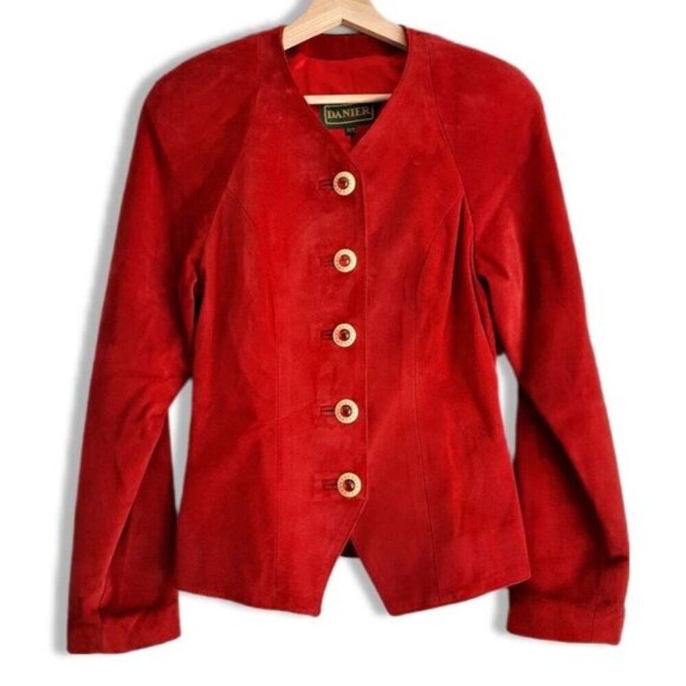 DANIER Vintage Genuine Suede Jacket Mug Blazer Red Jewel Buttons Sz XS